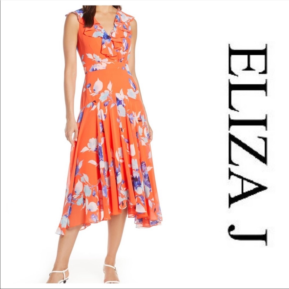 Eliza J Floral Print Shark Bite Hem Midi Dress